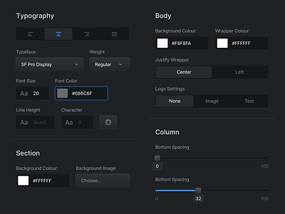 Dark Input Fields box colours dark mode design system font input fields inputs segments settings slider typography ui