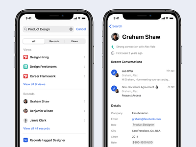 Search Records on Mobile app conversation crm email investments ios management mobile profile record relationships sales search ui vc views