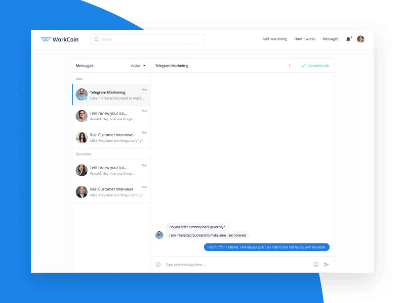 WorkCoin Complete Job Interaction animation app chat crypto design interface ui ux