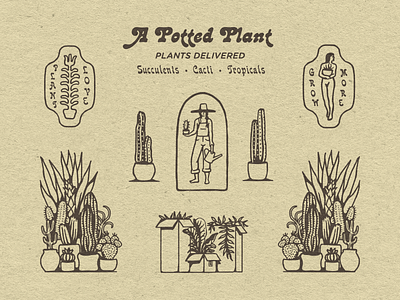 A Potted Plant badge branding character custom drawn garden gardener graphic design hand icon illustration lettering logo plant shop typography vintage woman
