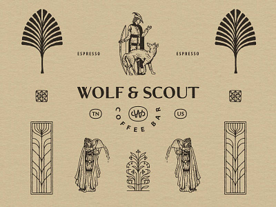 Wolf & Scout badge bar branding coffee design graphic design icon illustration logo medeival oldtimey vintage wolf