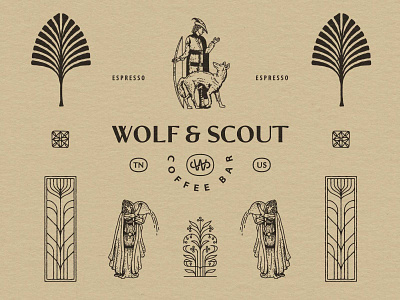 Wolf & Scout badge bar branding coffee design graphic design icon illustration logo medeival oldtimey vintage wolf