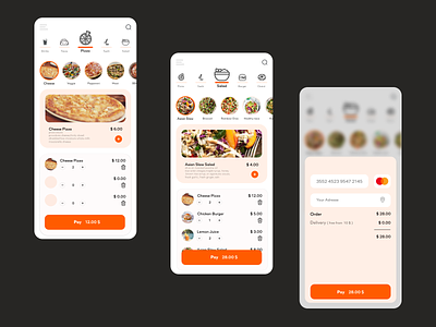 Food Delivery App android app cart delivery design fast food fastfood food ios menu mobile orange order pay pizza tacos ui ux