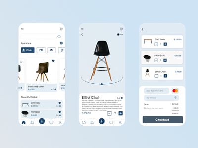 Furniture E-commerce App 3d app bleu chair clean design furnitur furniture app ios minimal mobile product design shop store table ui ux