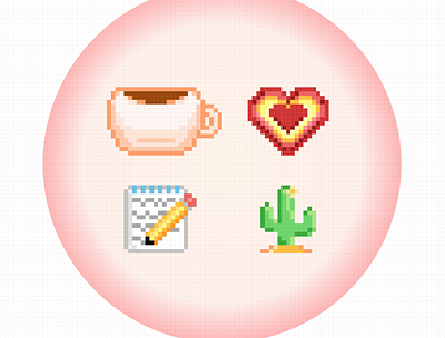 8-bit illustrated icons 8bit 8bitart 8bits cactus coffee coffee cup cup desert fun heart illustration notepad pencil pixelart saguaro whimsical