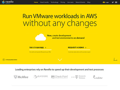 Ravello systems New Homepage :) aws cloud create demo free logos minimalism ravello systems try vmware yellow