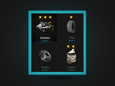 Car parts (select&upgrade) black blue brakes car choose design develop engine f1600 formula game gearbox hoover illustration level new part race racing select simple stars table technology tires ui upgrade widget
