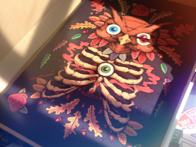 Split Print! drawing eye eyeball forest illustration leaves owl print ribcage ribs woods