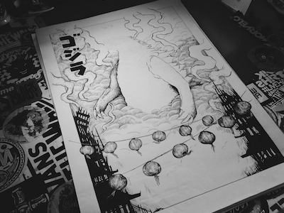 Roarrrrrr desk drawing film godzilla illustration ink movie poster