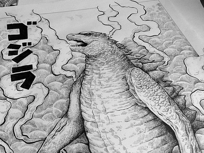 Go go! drawing film godzilla illustration ink movie poster progress wip