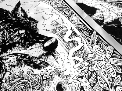 Skull & Heart - Hear Me Roar brush detail drawing exhibition hawk illustration inking pen prints wip wolf