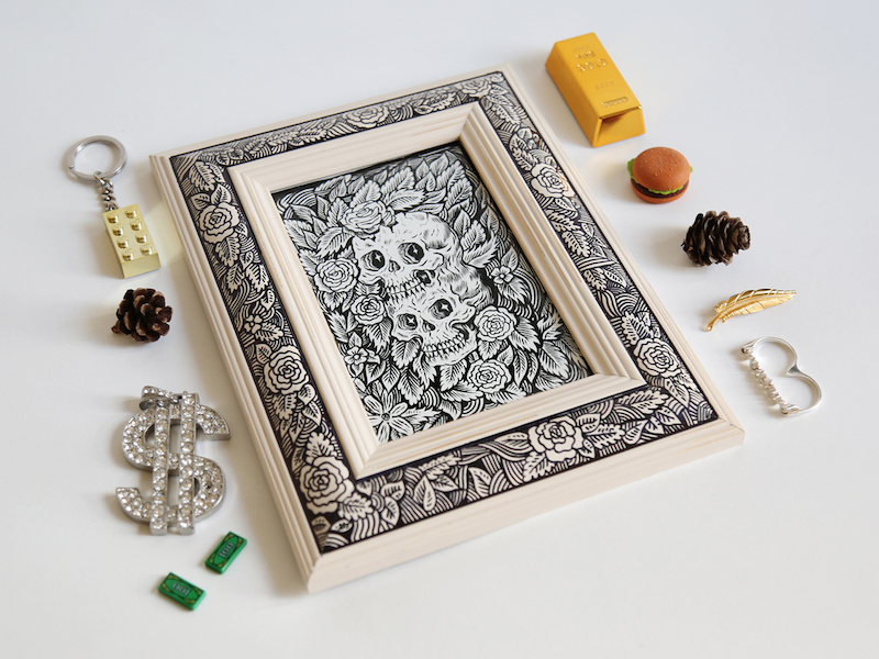 Bro art bro frame gold illustration ink original pen silver skull