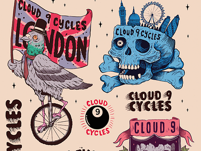Cloud 9 Cyles art bike cycling drawing illustration ink london skull stickers wip