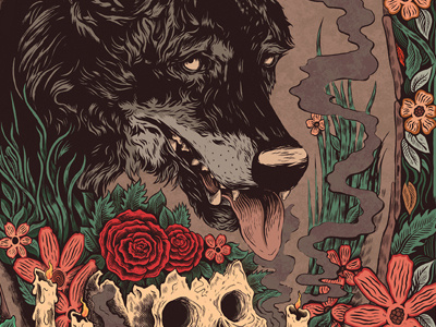 Skull & Heart art drawing illustration leaves nature print wolf