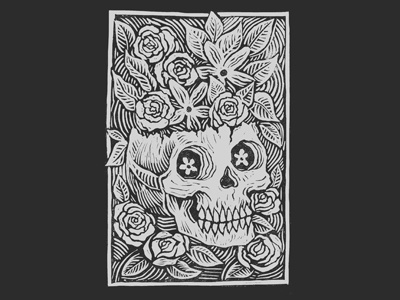Lino drawing floral flowers illustration ink lino print printing printmaking prints skull