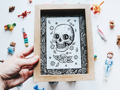 Bone Head art border drawing floral frame illustration ink skull
