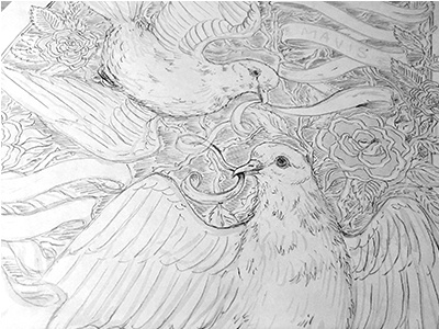 Doves birds doves drawing floral illustration nature roses sketch