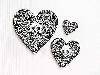 Hearts crest drawing floral heart illustration inking skull wood