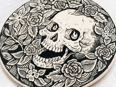 Round circle drawing floral illustration plaque rose sign skull wood