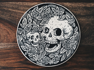 Circle circle drawing floral illustration plaque rose sign skull wood