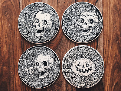 4 circle drawing floral illustration plaque pumpkin rose sign skull wood