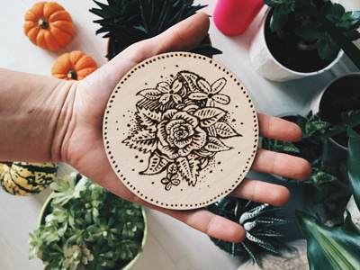 Pyrography burn drawing floral flowers illustration ink pattern pyrography traditional wood