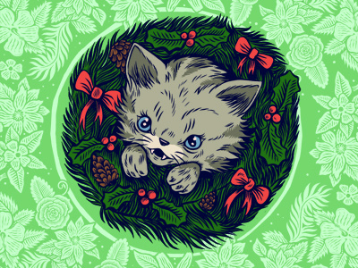 #5inksofchristmas bow cat christmas drawing holly illustration wreath xmas