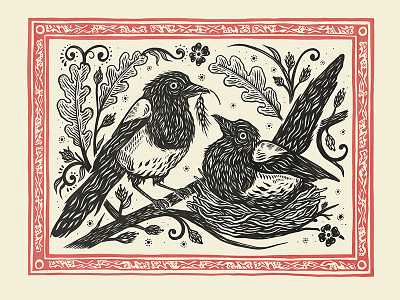 Magpies birds drawing folk illustration magpie nature print wedding