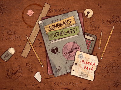 Scholars colour desk detail drawing illustration ink line pencil photoshop process school