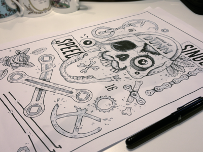 Speed bike drawing eye fixed fixie illustration skull spanner