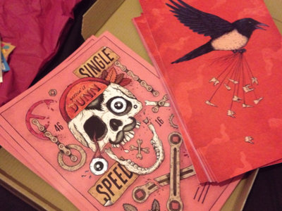 New Prints! art bike bikes bird colour fixed fixie gear geordie illustration inking magpie print red single skull speed