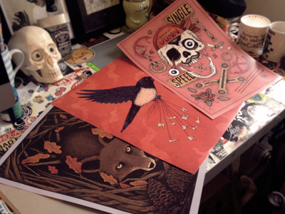 Win! art autumn bikes bird cycling feathers fixed fixie fox illustration inking leaves magpie nature prints red winter