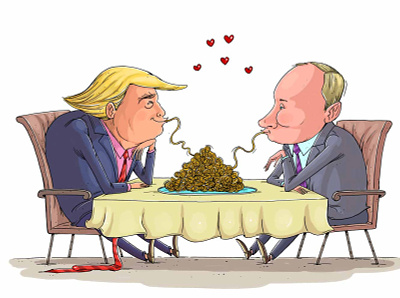 Trump vs Putin donald trump friendship friendship day illustration art political cartoon press cartoon russia spageti usa vladimir putin