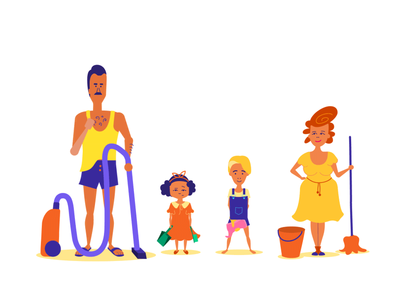Cleaning day animation character dad family kids mom parents