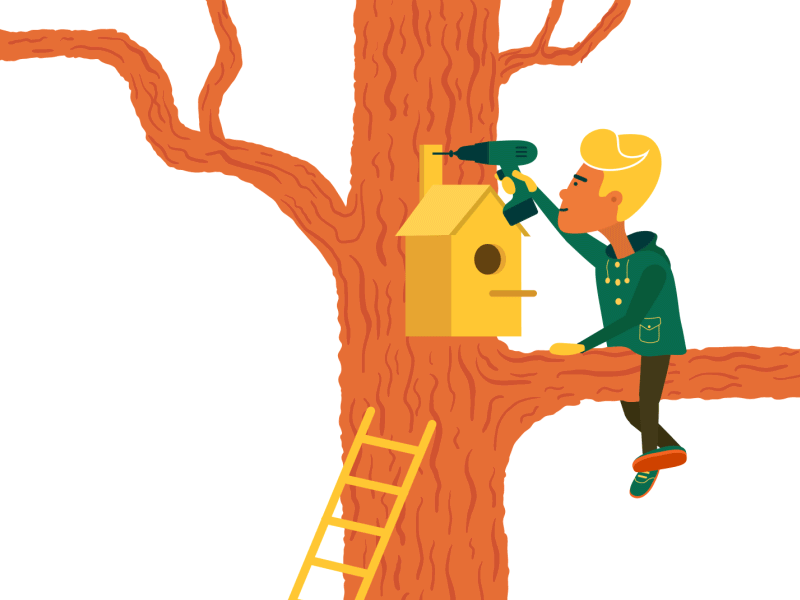 Springtime is here animation bird birdhouse character happy illustration ladders tree vector