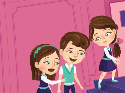 Writing character childrens editorial girls illustration illustrator laughing magazine school stairs vector