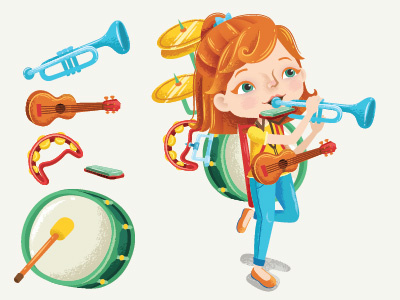 One-man Band band character characters children childrens editorial illustration illustrator instruments kids magazine music vector