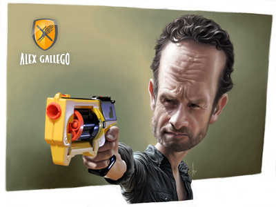 Walking Dead - Rick with a Nerf actor andrew lincoln caricature caricatures cartoon character cinema dead gun hbo humour illustration movies nerf rick series shotgun walking weapon