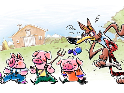 Three pigs and the wolf animals book book illustration cartoon character childrens book drawing humour illustration
