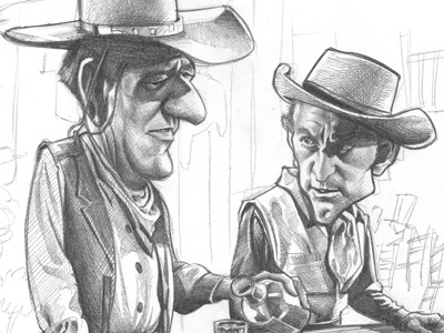 John Wayne and Kirk Douglas caricature caricatures celebrities celebrity cinema classic classics cowboy cowboys douglas fedora hat gunfighters hat illustration indians movie portrait television tv wayne western whiskey