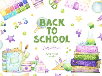 Back to School Girls edition Watercolor Clipart collection back to school back to school clipart books chemistry diary girly kids learning library planner reading school items school supplies science stationery sticker pack study watercolor watercolor clipart watercolor illustration