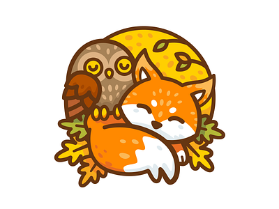 Fox & Owl animal autumn badge cartoon children cute dreaming fantasy flat forest icon illustration kids magic outline sleeping sticker t shirt design vector woodland