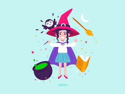 Cute Children Witch book broom cartoon character children cute fantasy flat funny halloween illustration kids magic mascot moon owl trick or treat vector witch witchcraft