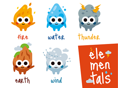 Elemental Characters cartoon characters colorful cute earth elementals emoji fire flat funny icons icons set illustration kawaii mascot thunder vector water weather wind