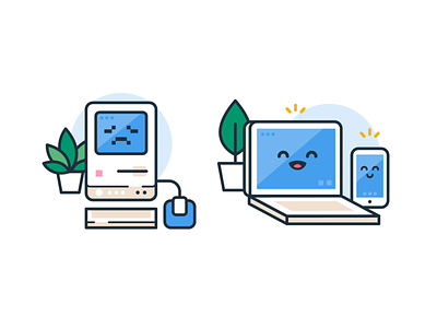 Old Technology and New Technology cartoon computer cute digital emoji emoticon flat funny icons illustration kawaii laptop mac mascot outline phone smile ui ux vector