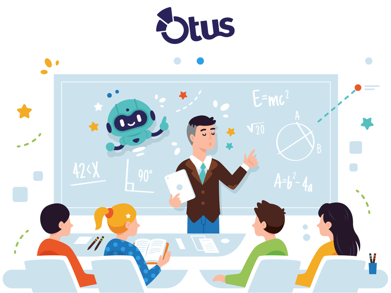 Illustrations for Otus - 1 android branding cartoon concept creative flat funny graphic design illustration landing design learning lessons mascot modern robot school students teacher tech vector