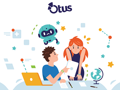 Illustrations for Otus - 2 android back to school cartoon character creative cute design digital flat funny homework illustration mascot robot school student teacher tech vector website