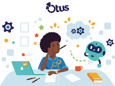 Illustrations for Otus - 3 afro android cartoon character creative cute design flat funny graphicdesign idea illustration laptop mascot robot school solution study student thinking vector