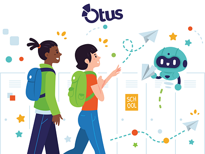 Illustrations for Otus - 4 android boy cartoon characters creative cute design flat friends funny girl happy illustration mascot paper airplane robot school students university vector