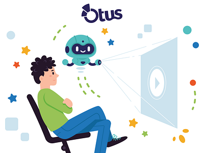 Illustrations for Otus - 6 android cartoon character cinema concepts cute digital flat funny illustration learning man boy mascot movie robot school teach vector video viewing